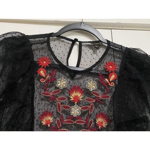 GUESS Sheer Mesh Blouse Small Black Polka Dot Embroidery Front Peplum Hem Gothic - Picture 8 of 9